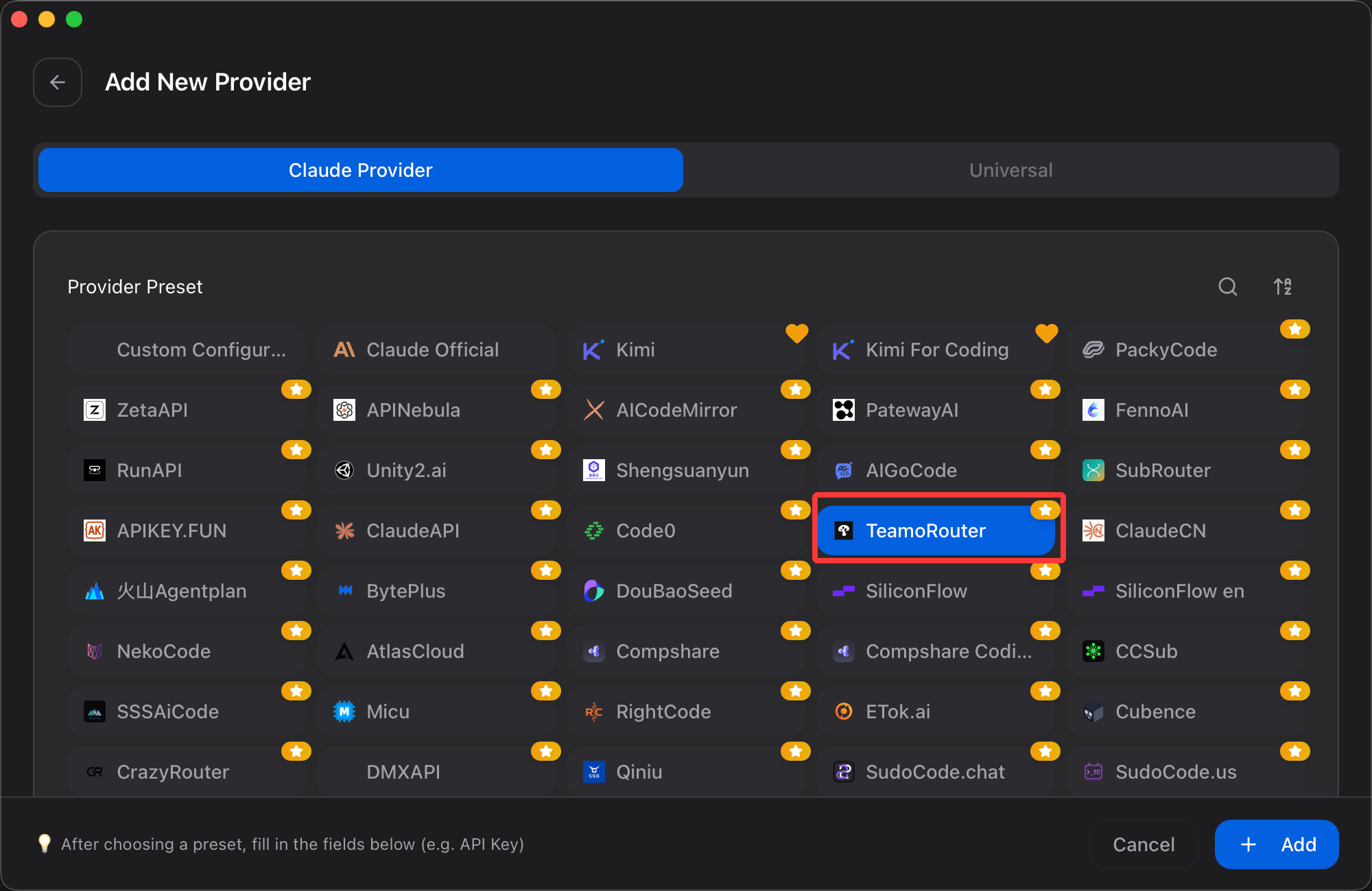 Select the TeamoRouter preset provider