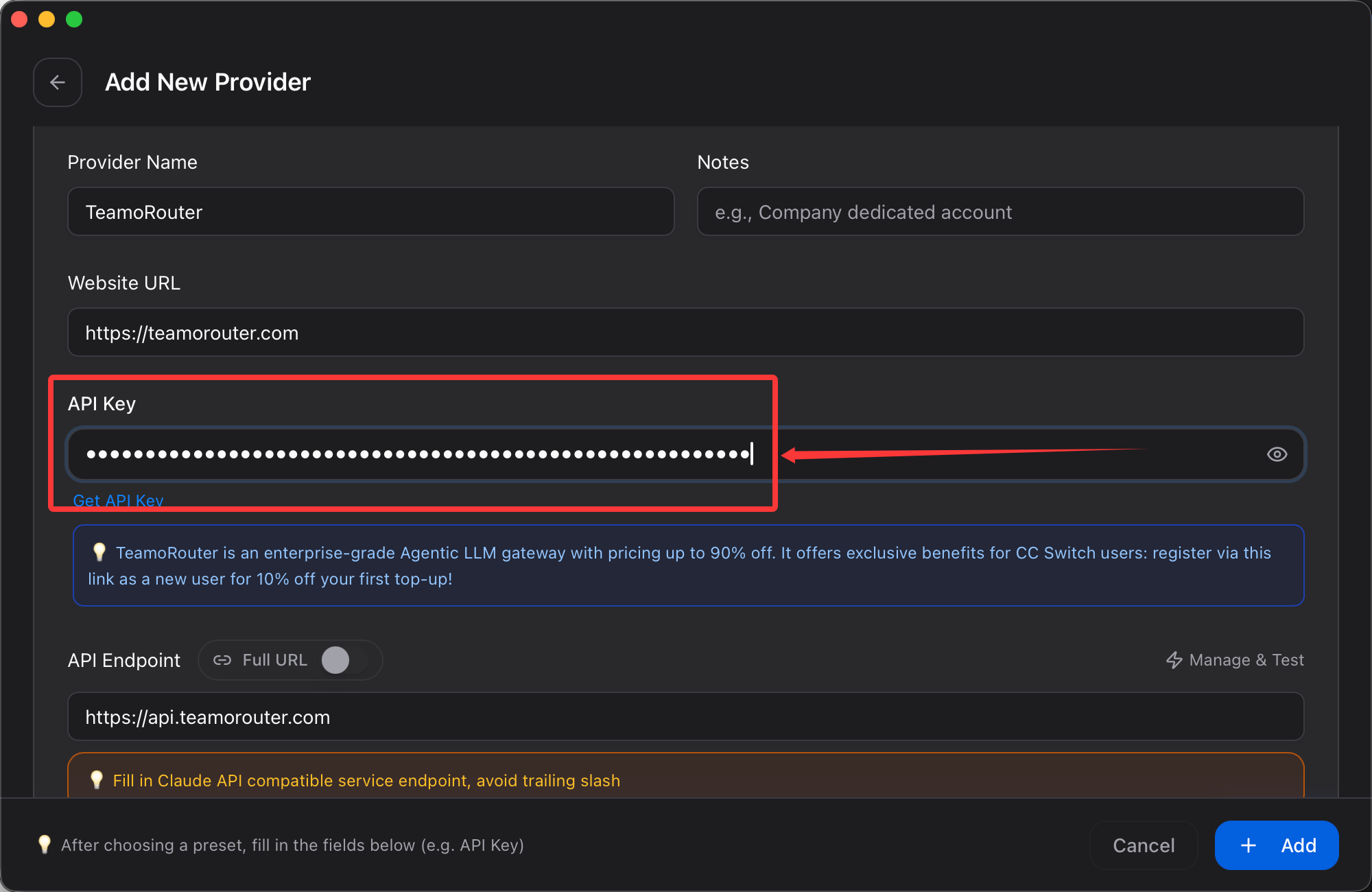 Enter the TeamoRouter API Key