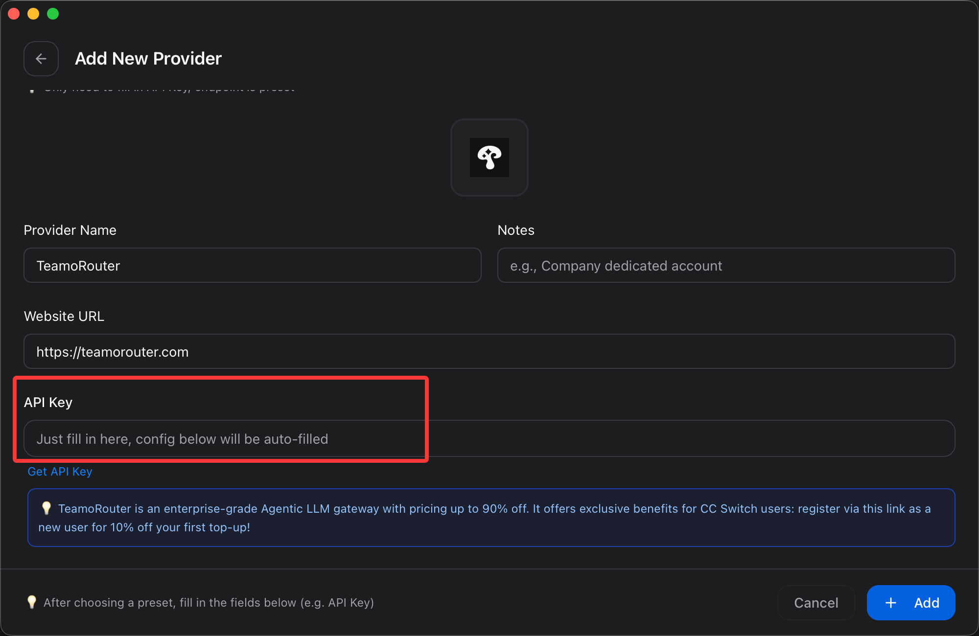Enter the TeamoRouter API Key