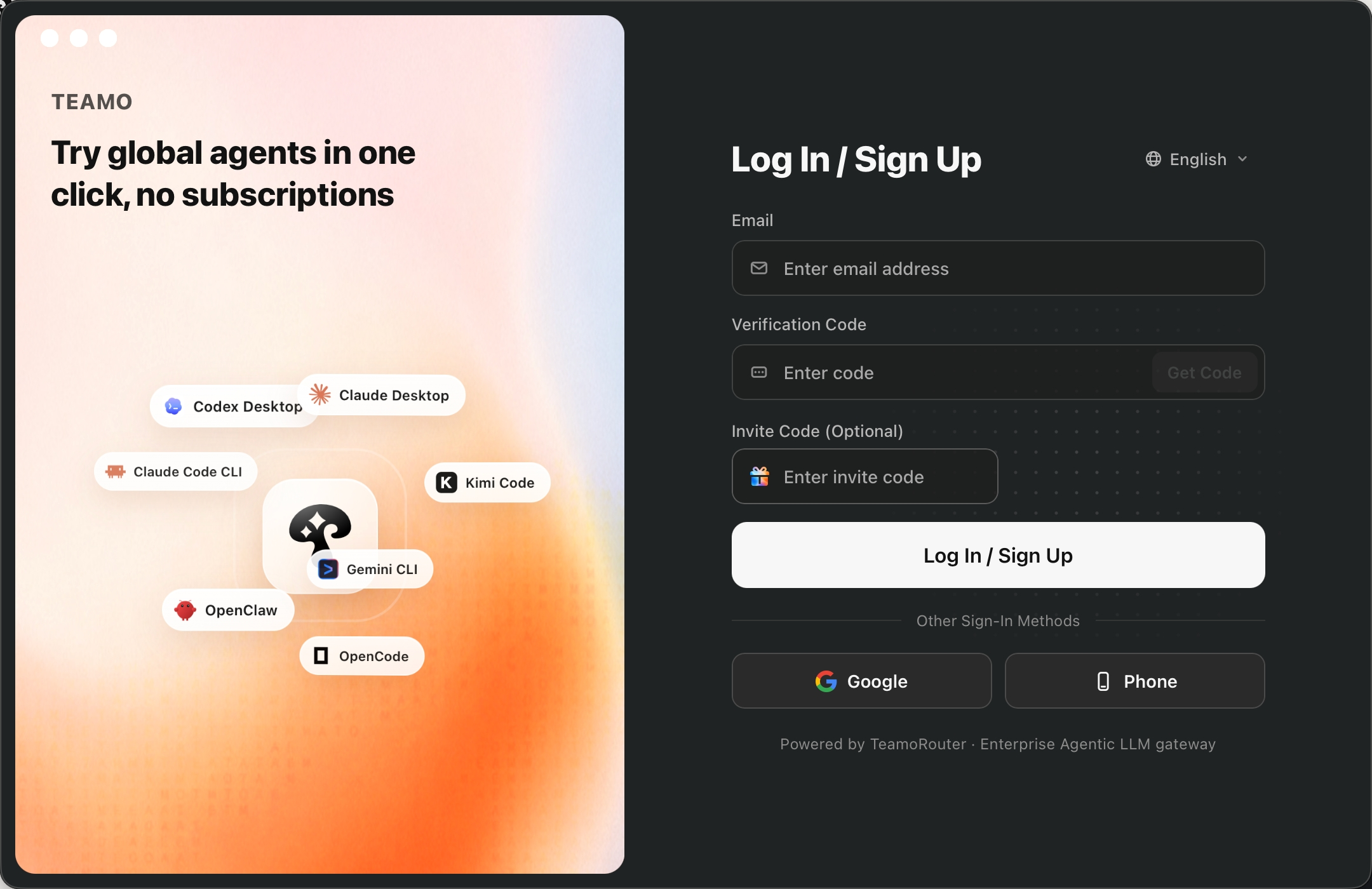 TeamoRouter sign-in and registration screen